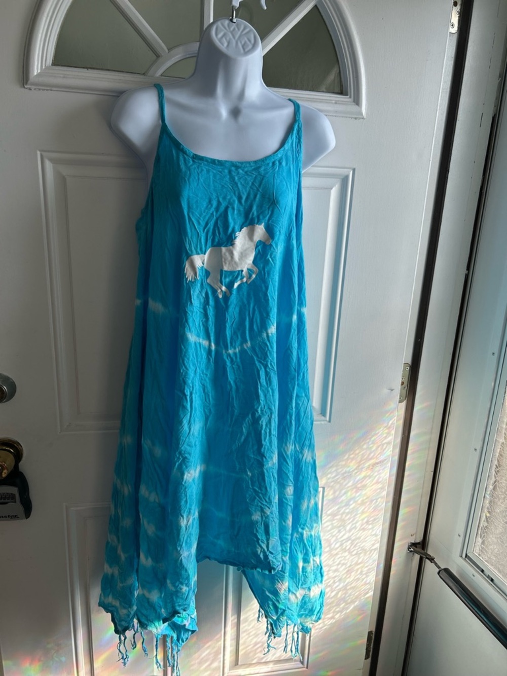 Horse Print Sundress Dress, beach coverup, size Small - Turquoise. DB1